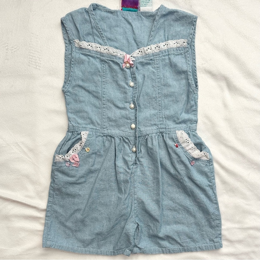 Vintage Chambray Short Romper Lace Trim Pearl Button Flowers Cotton Girls 6/6X